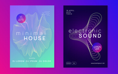 Naklejka premium Party Flyer. Electronic Audio Invitation. Pink Discotheque Poster. Festival Cover. Green Techno Banner. Sound Magazine. Dance Electro Template. Violet Party Flyer