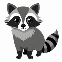 Obraz premium Cute сartoon raccoon with soft gray fur and striped fluffy tail, sitting in front view. Suitable for children's books, sticker, mascot, logo. Isolated vector illustration on white background