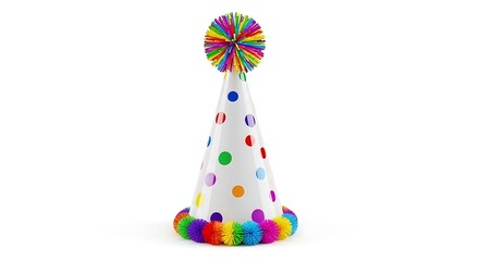 A colorful party hat adorned with multicolored polka dots and a vibrant pompom on top, isolated on a white background, viewed from the front.