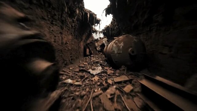 An abandoned environment, evoking a sense of desolation and decay, littered with remnants of a forgotten past.  A visual narrative of loss and decline.  FPV drone perspective landscape animation