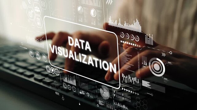 Hands Typing on Keyboard with Overlay of Data Visualization Symbols and Charts for Technology and Business Insights. Asymptotic smart data analytic.