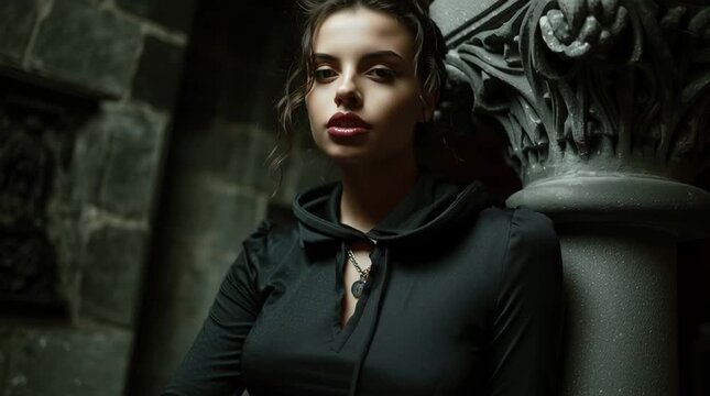 gothic fashion model posing in abandoned church ruins, dark gothic woman in historic ruin underground fashion portrait, alternative gothic girl exploring abandoned church architecture