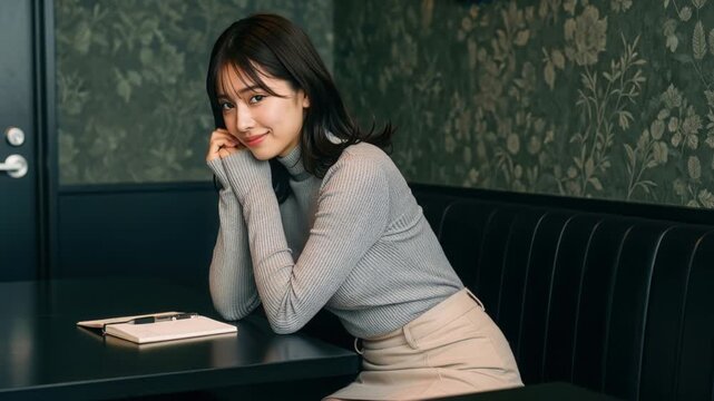 カフェでノートを前に頬杖をついてこちらを見つめる女性