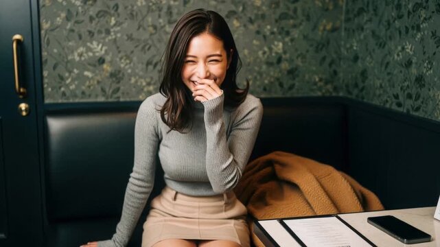 飲食店で口元を隠して微笑むタートルネックの女性