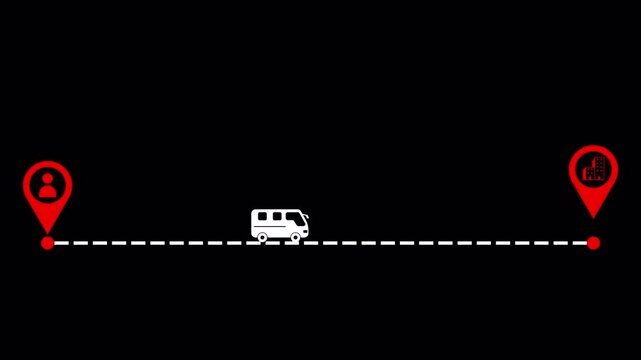 Animated Car Following a Dashed GPS Navigation Route Between Two Points on Transparent Background