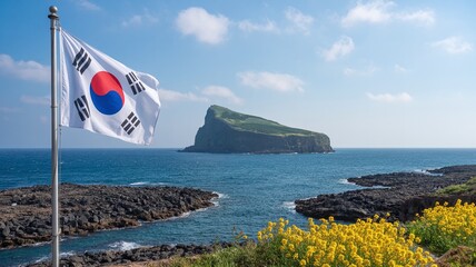 South Korea National Day August 15 Liberation Day Celebration with Taegukgi Flag Waving over Volcanic Coast and Jeju Island Flowers