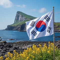 South Korea National Day August 15 Liberation Day Celebration with Taegukgi Flag Waving over Volcanic Coast and Jeju Island Flowers
