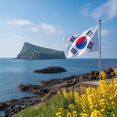 South Korea National Day August 15 Liberation Day Celebration with Taegukgi Flag Waving over Volcanic Coast and Jeju Island Flowers