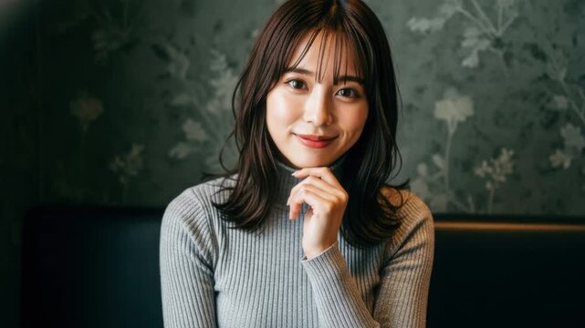 カフェの席で手を顔の近くに寄せ微笑む上品な女性