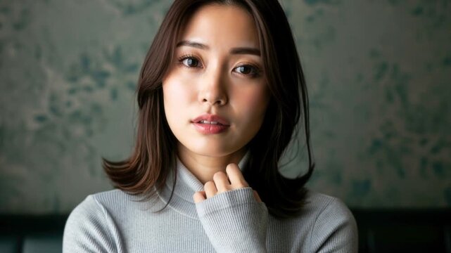 カメラをまっすぐ見つめるグレーのタートルネックを着た女性