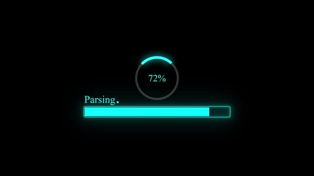 Neon Cyan Parsing Progress Animation at 0 to 100% Percent on Black Background