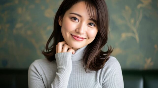 カメラを優しく見つめるグレーのタートルネックを着た女性