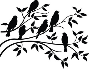 Silhouette Birds on Tree Branch Vector &ndash; Nature Wildlife Illustration