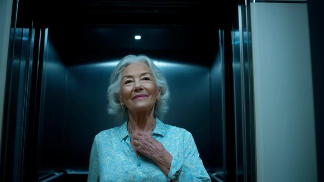 Medium shot of an elderly woman operating a home elevator emphasizing ease and comfort in navigating multilevel living spaces.