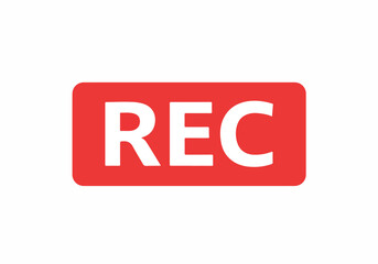 Fototapeta premium Vivid red rectangular recording indicator icon with white 'REC' text, signaling active media capture for video production or audio recording applications