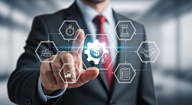 A businessman touches a screen with icons representing strategy, workflow, and finance, illustrating business management and operational efficiency.