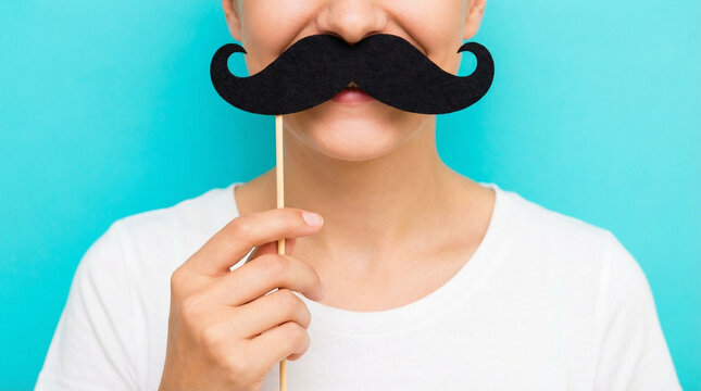 Young woman holding fake mustache and smiling on blue background for April Fool&rsquo;s Day  