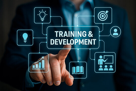 Concept of training and development in business, showing the latest skills and knowledge required for work.