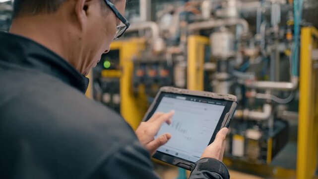 Medium shot of an engineer analyzing detailed data logs on a tablet demonstrating IoTbased predictive maintenance and troubleshooting