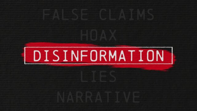Disinformation scrolling text sequence with documentary style title animation for news topic and trend