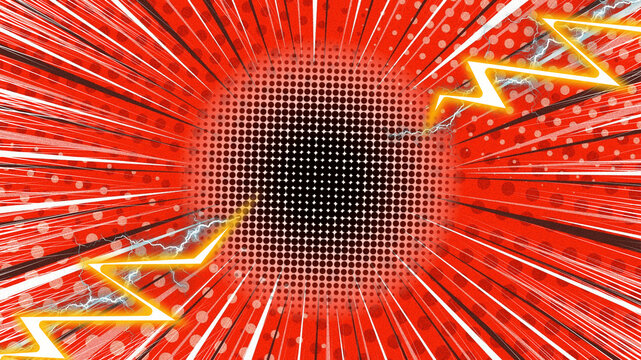 Red Comic Halftone Background with Lightning Flash. Comic Explosion Red Halftone Flash Background. Pop Art Red Comic Burst with Lightning. Superhero Comic Background with Halftone Dots. Red Starburst 