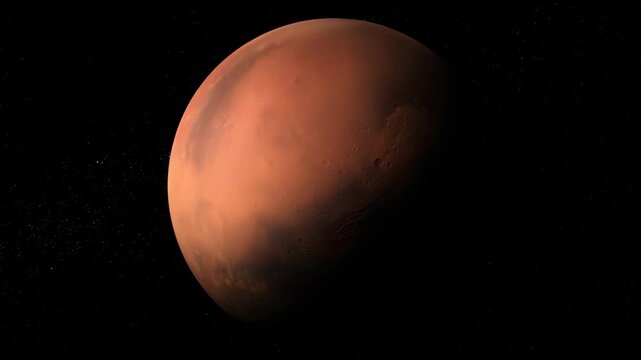 Closer orbital view of Mars with illuminated hemisphere occupying left half of frame, enhanced visibility of craters, ridges and dust plains, smooth shadow gradient across 4K