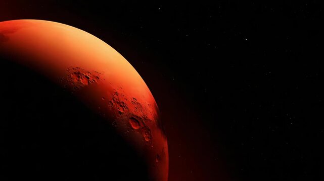 Mars with illuminated hemisphere occupying left half of frame, enhanced visibility of craters, ridges and dust plains, smooth shadow gradient across globe  4K