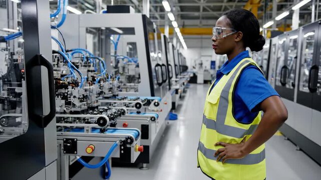 Factory worker standing in machine corridor on Labor Day. For Labor Day, a factory worker stands confidently in a corridor of operating machines, symbolizing reliability and the