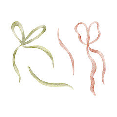 Obraz premium Bows ribbons, green pink colors. Watercolor illustration in childish style. Hand-drawn image, isolated from background for Easter birthday holiday cards, tableware, clothing decor invitations greeting