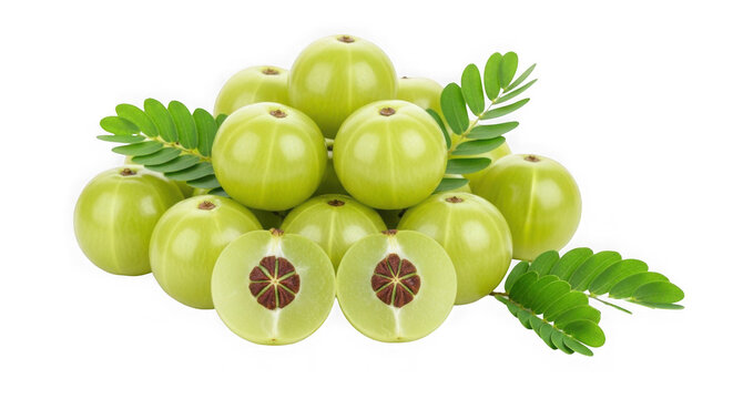 Amla or indian gooseberry fruit with leaves on black background