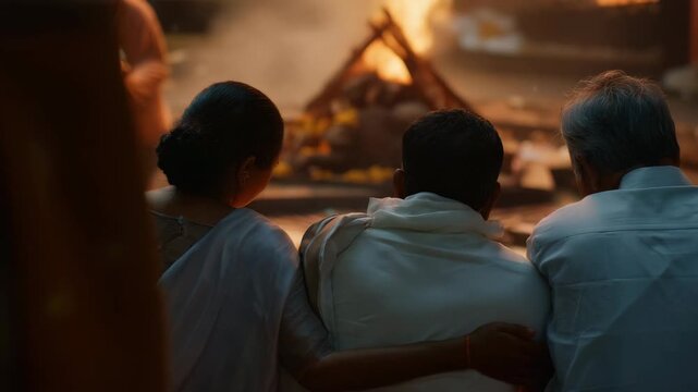 family members seated closely together during a prayer moment in a Hindu cremation 4K