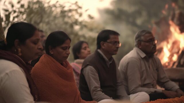 Hindu cremation, shared silence, funeral ceremony, Indian culture 4K