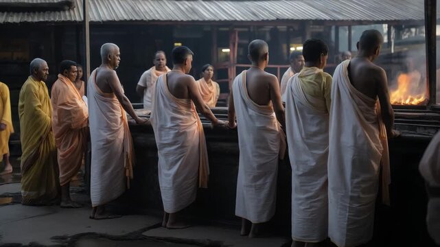 Hindu priests standing in quiet formation near a funeral pyre while family members 4K