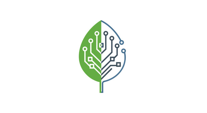 Green Leaf Integrated with Circuit Board Lines Logo Symbolizing Eco Technology on Isolated White Background