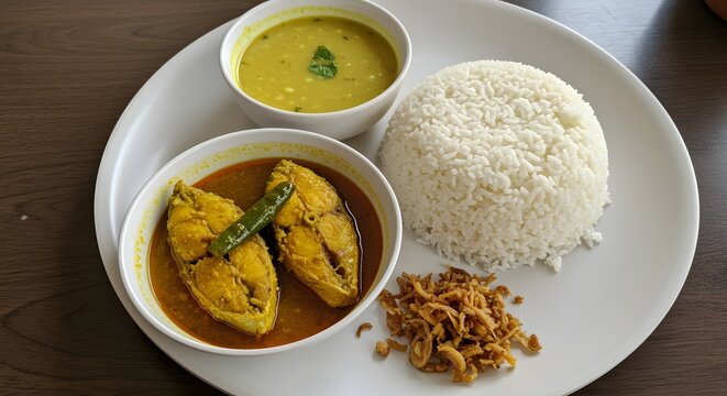 Complete Bengali meal: Hilsha fish curry, rice, dal, and fried onions, a Bangladeshi delight