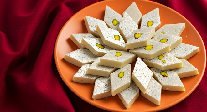 Diamond-Shaped Kalka Badam Sweets on Orange Plate with Red Draping