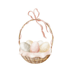 Wicker basket with Easter eggs, napkin, bow. Watercolor illustration decor in childish style. Hand-drawn image, isolated from background for holiday cards, posters, tableware, invitations greetings