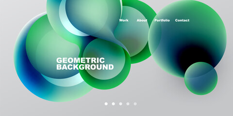 Obraz premium Abstract design features overlapping circles, gradients. Text labels present work, about, portfolio, contact. Minimalist aesthetic, modern look.