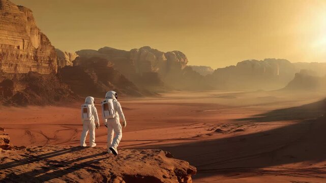 Mars settlement scene with three astronauts in white spacesuits standing on red Martian ground in front of large geodesic glass dome habitat, transparent triangular dome structure 4K