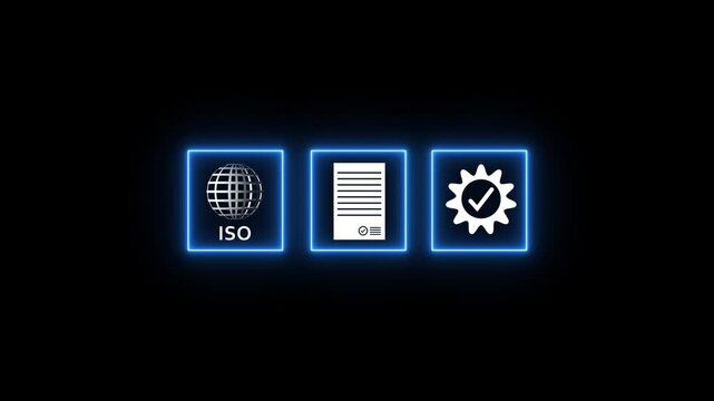 ISO certification icon set with neon blue frames on black background. ISO globe symbol icon with approved document icon and certified quality concept.