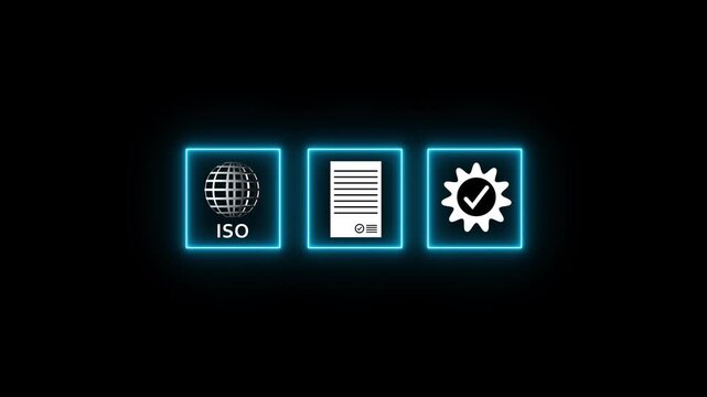 ISO certification icon set with neon cyan frames on black background. ISO globe symbol icon with approved document icon and certified quality concept.