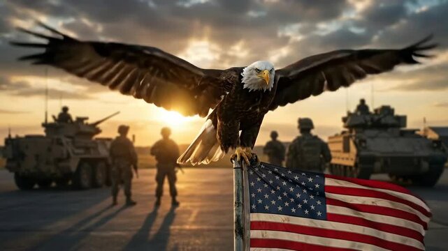 Bald eagle stands then spreads its wings on an American flag pole with soldiers and armored vehicles in the background at sunset, a symbol of military strength