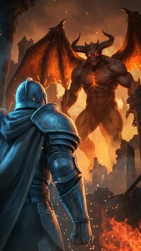 Armored knight against towering horned demon medieval ruined city epic warrior vs monster