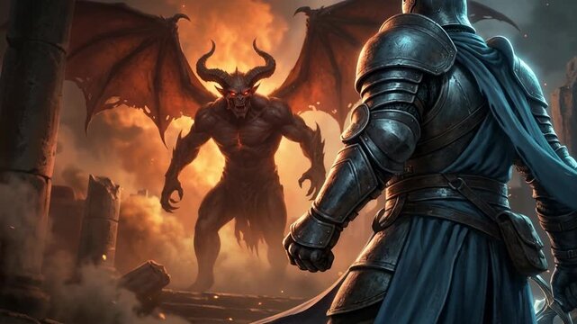 Armored knight faces horned demon with wings and blazing sword fiery ruined temple tense heroic