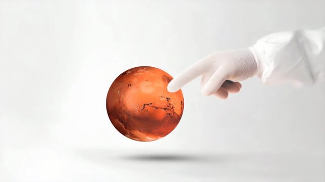 Astronaut hand holding miniature planet Mars on light background, space exploration, red planet concept, futuristic science, astronomy, interplanetary mission, cosmic imagination, minimal creative 