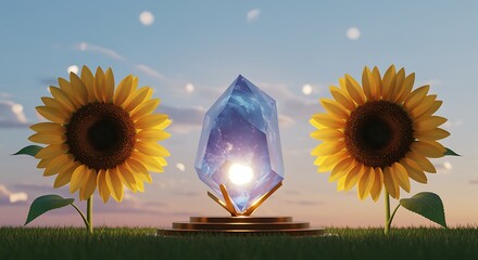Obraz premium Beautiful glowing crystal gemstone placed between two sunflowers under a dreamy sky