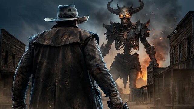 Cowboy facing giant flaming demon skeleton in burning western ghost town dramatic showdown