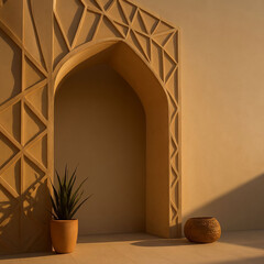 Digital art of a wall with geometric patterns and plant in a minimalist space during golden hour