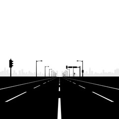 A black and white illustration of a city street with traffic lights and lamp posts