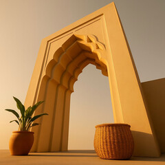 Digital art of an archway with a plant and basket in a warm light